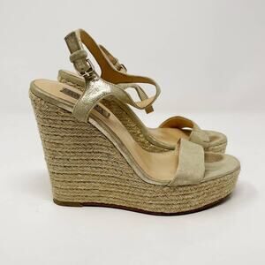 Badgley Mischka 5.5 Gold Leather Espadrille Wedge Sandals Ankle Wrap 4.5" Height